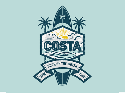Costa apparel design badge logo paddle board palm trees surf type