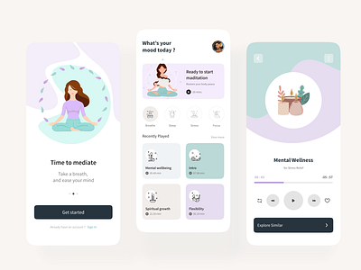 Meditation App homepage illustration meditation app music onboarding ui