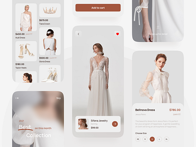 Wedding Accessories App👰🏼‍♀️ app checkout page clothes crown design detail page dress ecommerce fashion gown heels homepage mobile mobile app mobile ui popular popular shot scanner wedding wedding gown