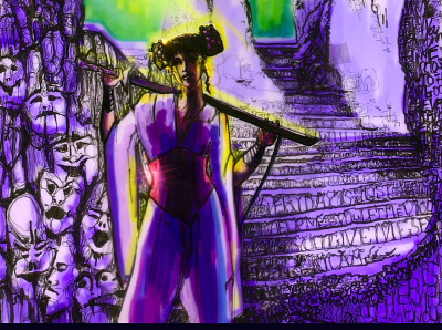 Demeter at the entrance to the underworld artwork comic book graphic novel illustration illustrations myth mytholigical pen and ink