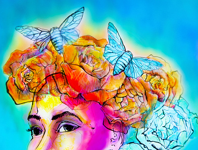 Lady of moths and Roses artwork illustration illustrations pen and ink portrait
