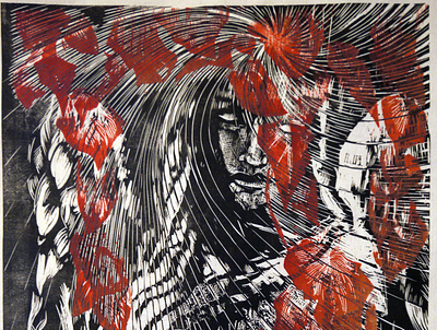 Angel in Autumn angel artwork lino print relief print