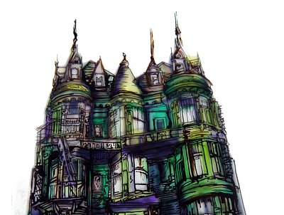 Green town house addams family artwork house house illustration illustration pen and ink