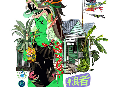 Waladli 2d character color girl green illustration island skate sport surf tropical wild