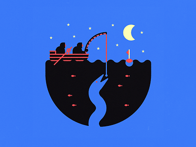 Night fishing boat fish fishing icon monster moon ocean snake stars water