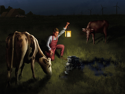 Illustration: Dutch farmer killing the combustion engine car combustion engine cow digital painting digitalart dutch dutch farmer electric car engine farm farmer field illustration netherlands procreate tesla