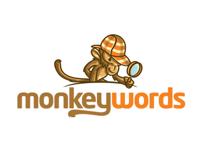 Monkeywords Logo brown detective glass logo mascot monkey orange search sherlock smile tail words monkeywords
