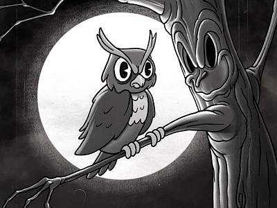 Grumpy Owl 30s cartoon character design halloween illustration moon owl retro retro cartoon tree vintage