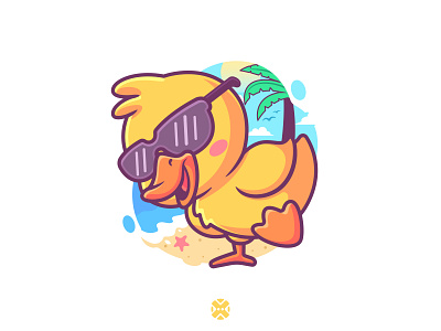 Summer Duck 🐤🏖️☀️ animal beach cartoon character colorful cute design duck flat funny illustration logo mascot outline summer vector