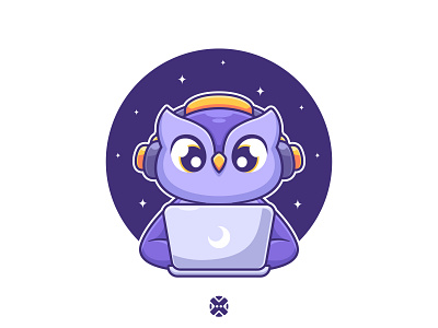 Owl playing laptop 🦉🌙⭐ animal background cartoon character character design cute cute character cute owl design game illustration laptop logo mascot night owl owl gaming star