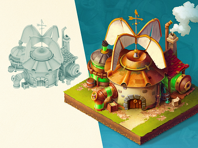 Isometric house 3d art building concept game house illustration isometric steampunk
