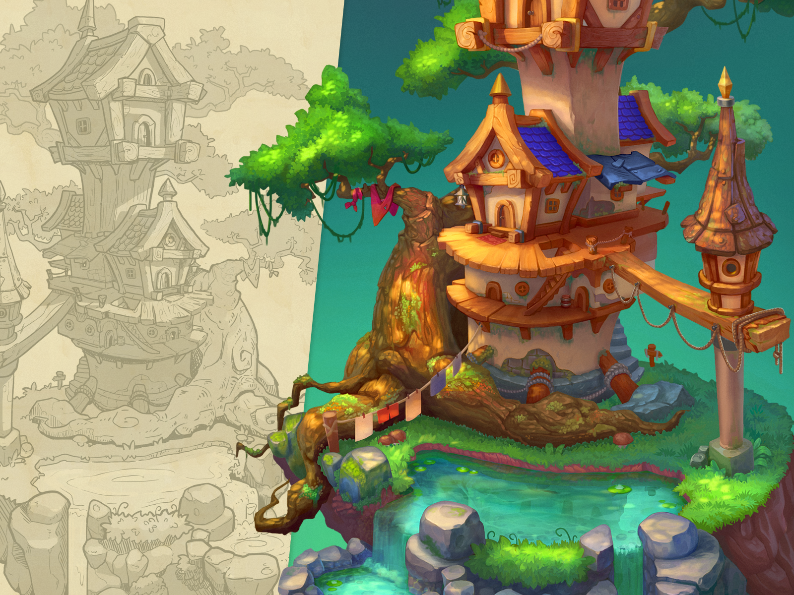 Treehouse - props development art castle concept game game art illustration props sketch tree treehouse waterfall wood