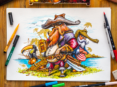 Pirates adventure bird chest coin gold illustration island palm pirate sand treasure watercolor