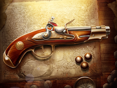 Pistol ball bullet coin compass cooper gold gun map old pirate pistol shoot