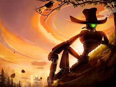 Sunset character cigar grass gun hat metal robot sky smoking steampunk sunset