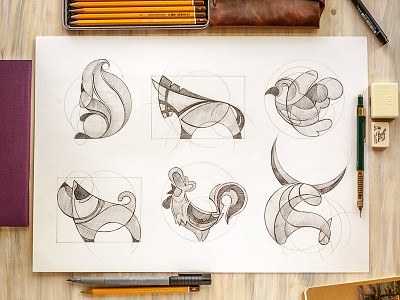 Animal logo sketches animal bird dog handwork horse logo rooster sketch squirrel