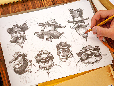Saloon Men beard character concept cowboy emotion eyes hat mustache personage saloon sketch