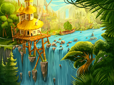 Waterfall background concept fantasy house jungle leaf rock ship tree wallpaper water waterfall