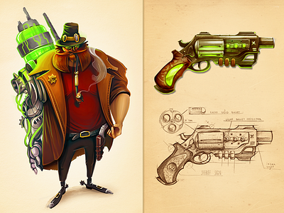 Sheriff character concept cowboy gun hat moustaches sketch smoke steampunk weapon