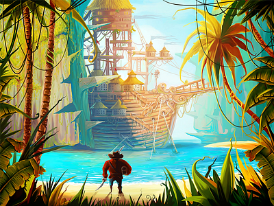 Island character house illustration island palm pirate rock ship water