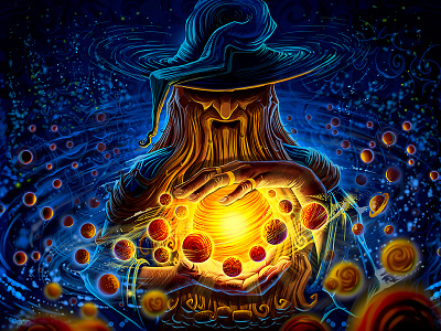 Merlin beard character concept hand hat illustration mage planet space sun wallpaper