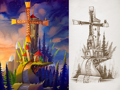 Owl on the Windmill art castle concept home house illustration owl sketch sunset windmill