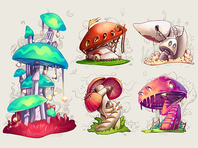 Mushrooms concept drawing grass home house icon illustration indie magic mushrooms plant sketch