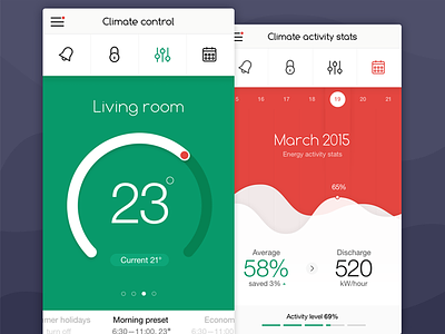 Climate control app app bar calendar climate data date graph interface menu settings stats temperature