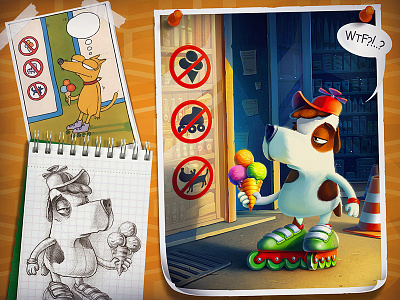 WTF!) cartoon comics cover dog funny icecream roller skates sketch wtf
