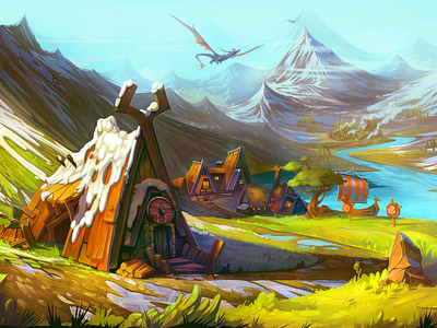 Nidaros art background concept dragon game house illustration landscape mountains viking