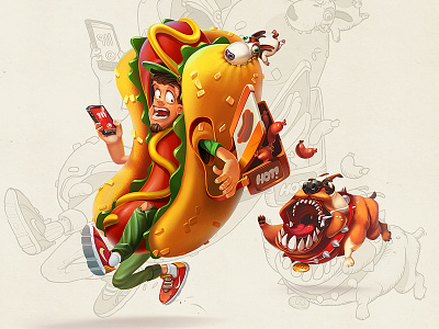 Hot Dog Seller cartoon characters concept dog face fun hotdog illustration man