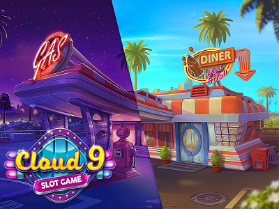 Cloud 9 | Background 60s background concept fastfood game ui gas station illustration logotype rock and roll slot game