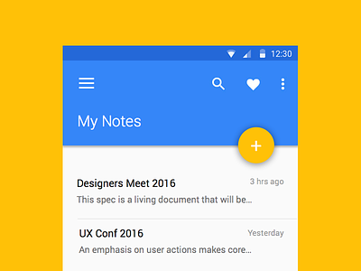 Material Design Notes app design elevation love material menu mobile more notes search shadow white