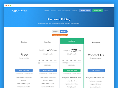 Pricing Page - PushCrew annual blue discount free green monthly page plans pricing saas trial web