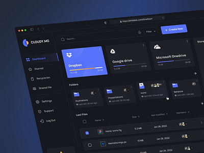 File Manager Dashboard Design - Dark Mode app design application cloud cloud storage dashboard design file manager files overview platform product ui ui design web app web design website