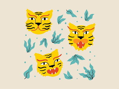 Cute tigers graphic design hand drawn illustration leaves tiger tropical vector vector illustration