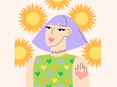 Girl with sunflowers cute flat flat people girl graphic design happy illustration people summer sunflower tattoo vector vector illustration woman