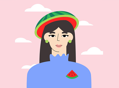 Girl with watermelon challenge cute flat flat people fruit fun with faces girl graphic design hat illustration portrait vector vector illustration watermelon woman