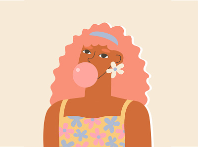 Retro Girl afro black bubble gum curly hair cute female flat flat people girl graphic design illustration pastel retro vector vector illustration woman