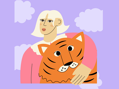 Girl and tiger clouds cute female flat flat people illustration portrait tiger vector vector illustration woman