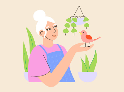 Garden girl bird cute female flat flat people garden gardener illustration portrait vector vector illustration white hair woman