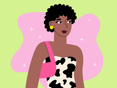 Y2K style african afro american black cow print cute fashion female flat flat people illustration pink portrait vector vector illustration woman y2k