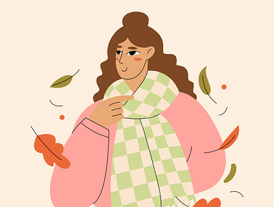 Autumn autumn checkered cute female flat flat people illustration leaves portrait scarf vector vector illustration woman