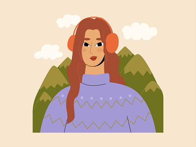 Girl with mountains autumn clouds cute female flat flat people illustration mountain portrait smile sweater vector vector illustration woman