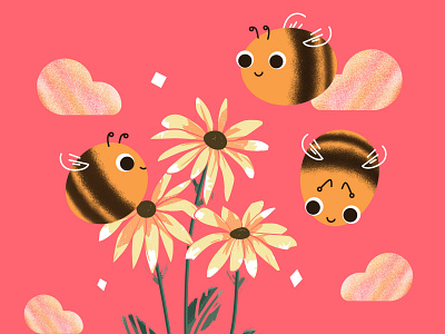 Bright bees bee bees buzz flowers illustration pink print texture