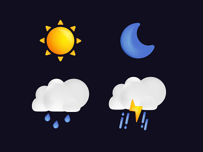 Weather icons. Rain drops, sun, lightning and thunder.