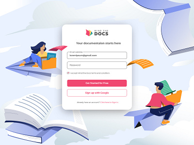 Mind the DOCS sign up page homepage illustration log in sign up sign up page