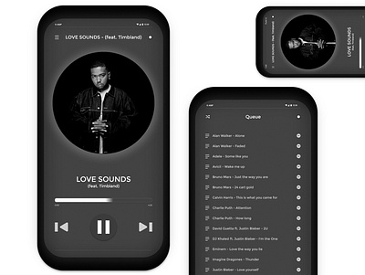 Black & White Music Player adobexd branding design flat minimal ui uiux ux vector