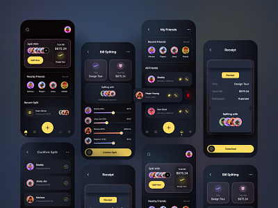 Bill Splitter - Mobile App || Dark Mode app app design application bill split bill splitter bill splitting color dark dark mode dark ui design friends illustration mobile app payment ui ux wallet