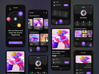 Evaneo || Event Management Mobile App 2023 trend app app design booking app branding community dark dark app design event event app event management festival illustration layout logo meetup minimal ui ux